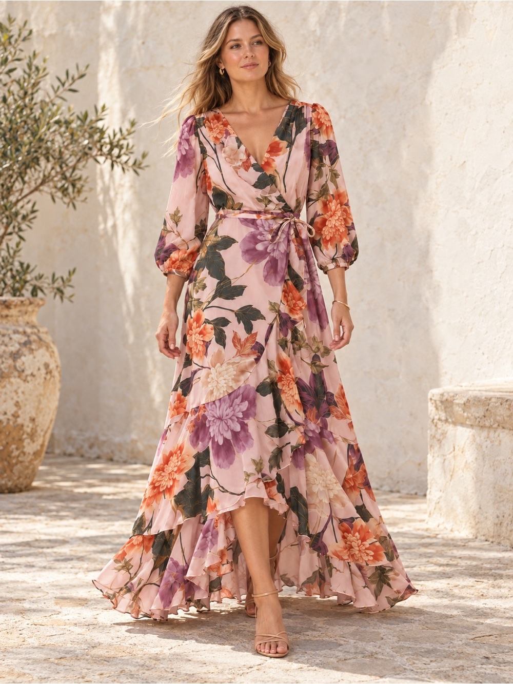 FLORAL WRAP MAXI DRESS | 3/4 SLEEVE V-NECK TIERED RUFFLE HEM | ELEGANT FEMININE
